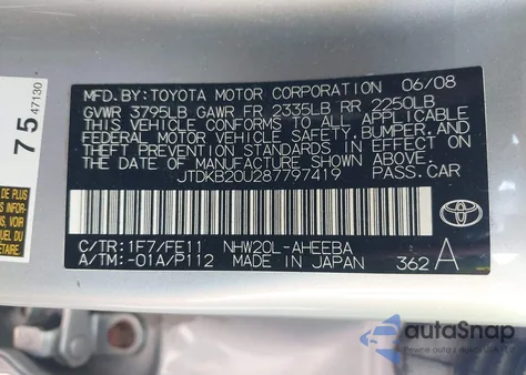 2008 Toyota Prius z USA, uszkodzony, nr VIN JTDKB20U287797419